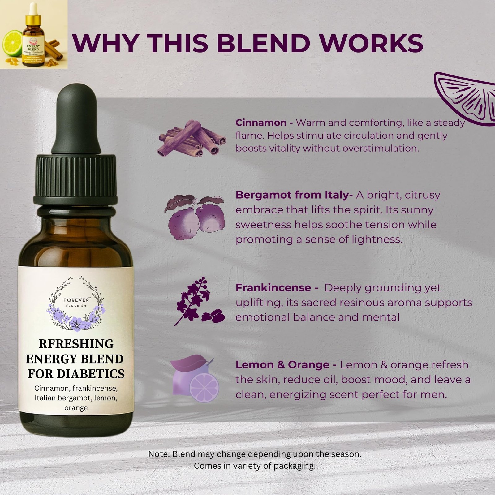 Forever Flourish Premium Energy Blend for Diabetics Essential Oil for Fatigue & Low Energy with Cinnamon, Cardamom, Frankincense, Italin Bergamot & Lemon – For Aggravated Endomorphic Qualities 2 81qnmftmhyl