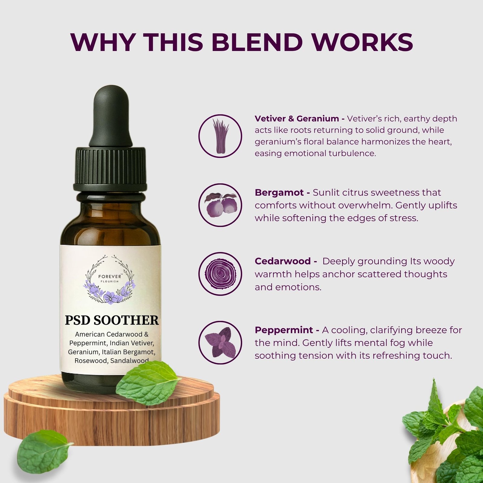 Forever Flourish PSD Soother Premium Diffuser Aroma Oil Blend – Mood Support with Vetiver, Bergamot, Cedarwood, Peppermint, Bulgarian Rosewood & Sandalwood – Aggravated Mesomorphic Quality (Pitta) 3 81v6g8hyvwl